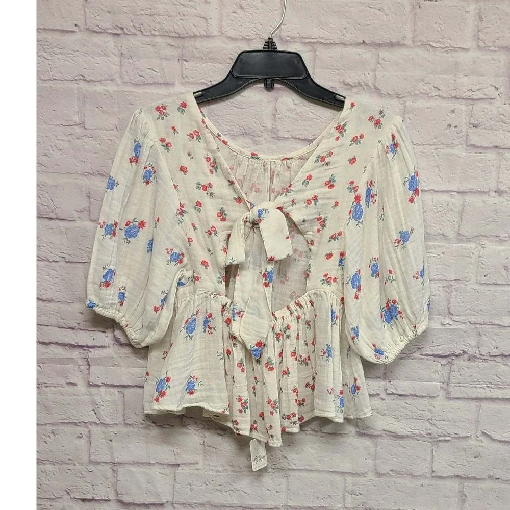 Free‎ People Floral Cotton Gauze Peplum Blouse Ivory Red Blue XS NEW WITH FLAW